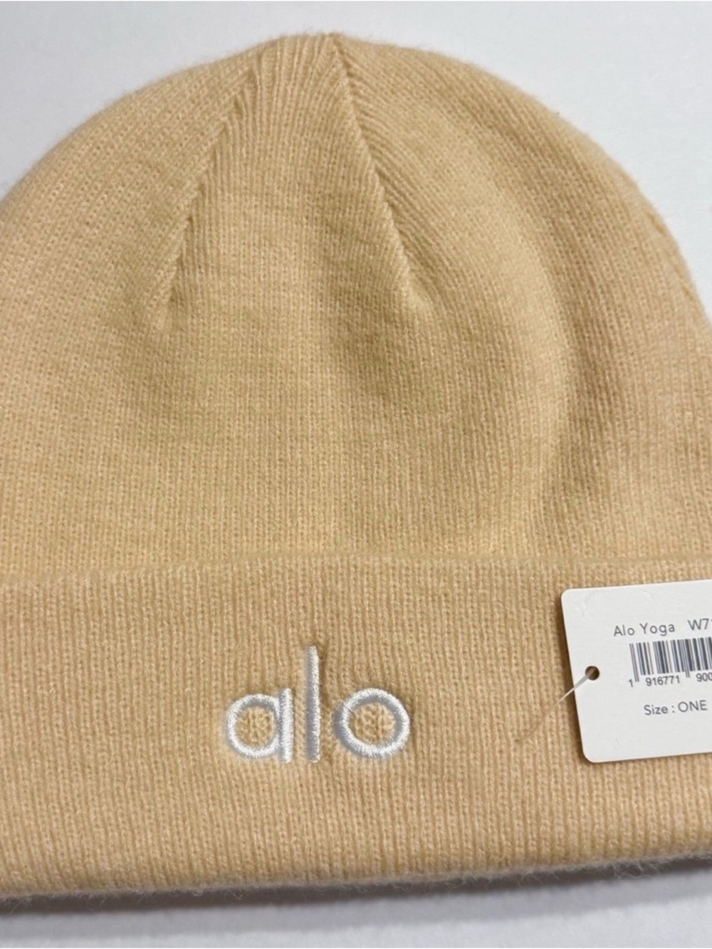 ALO Yoga Knit Beanie in Light Beige with White Logo